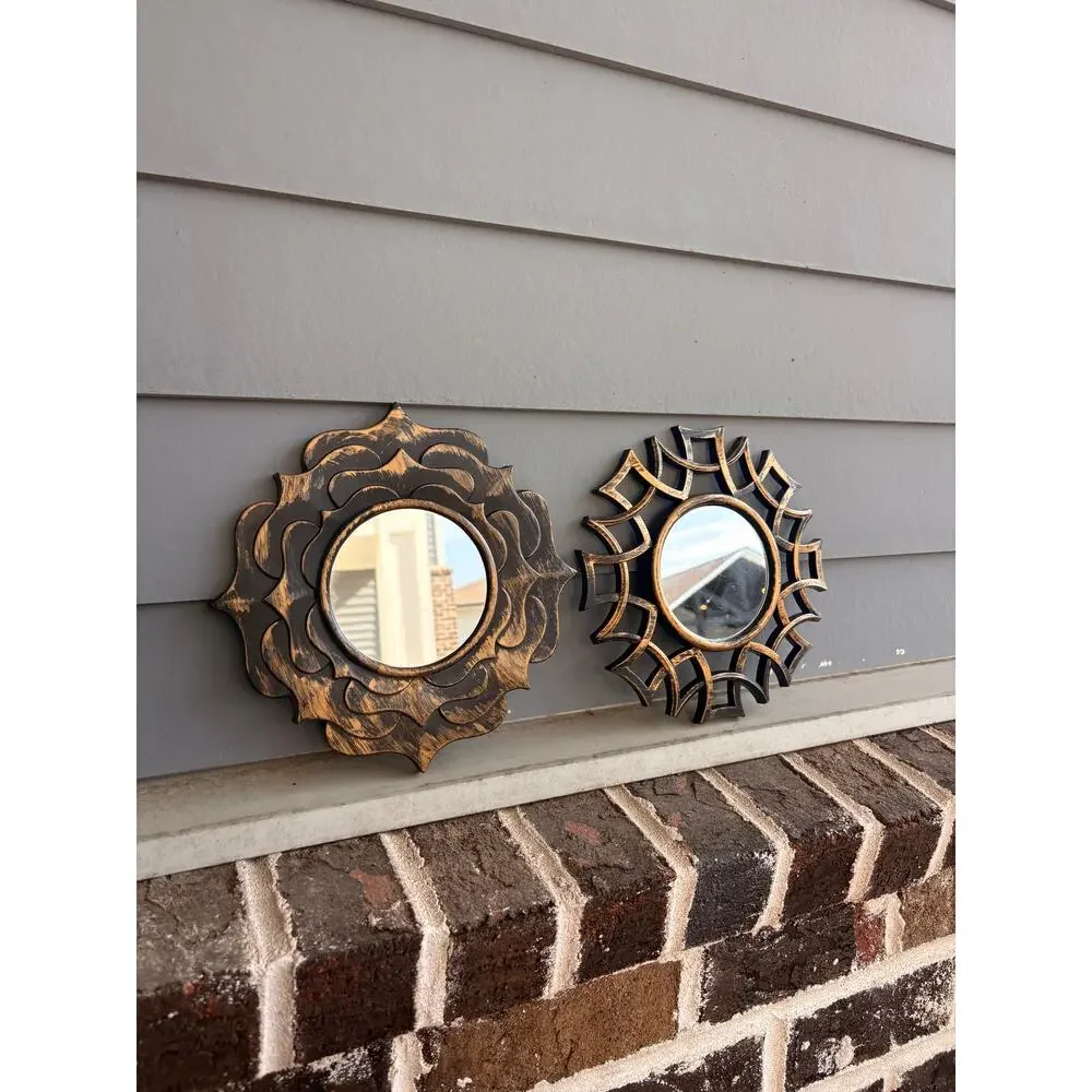 Set of 2 Black Gold Sunburst Accent Mirrors 9” Round Decorative Wall Mirrors